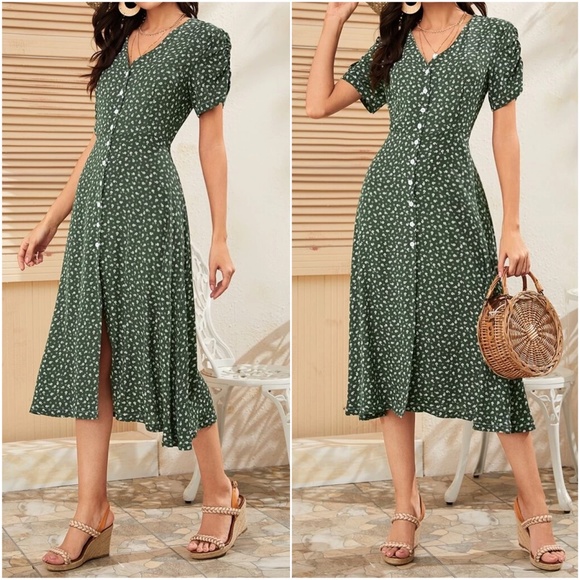 01 Boho floral print button up Puff Sleeve dress - Picture 7 of 8